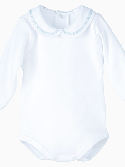 Body de bebé de manga larga con cuello redondo bordado azul celeste – Blanco
