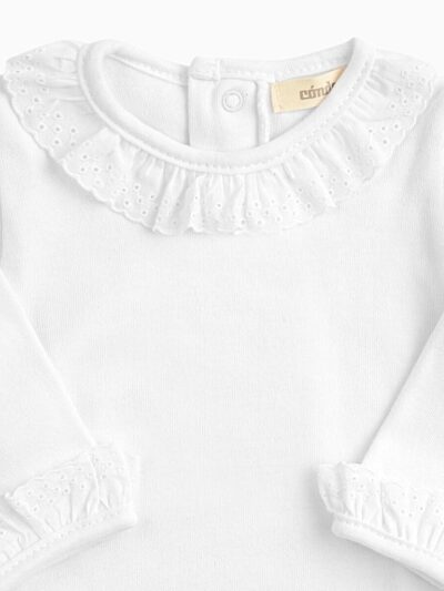 Body de bebé de manga larga con cuello bordado inglés – Blanco