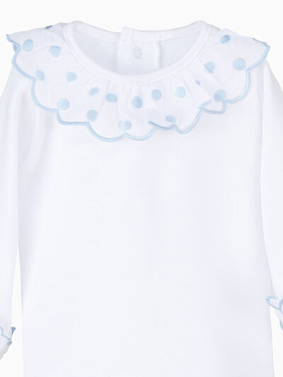 Body bebé unisex con cuello grande de lunares azul celeste – Blanco