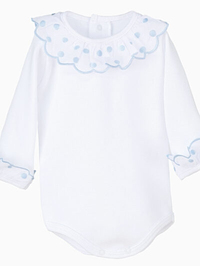 Body bebé unisex con cuello grande de lunares azul celeste – Blanco