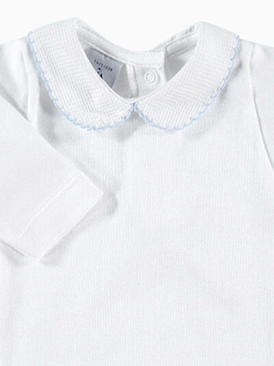 Body de bebé con cuello redondo texturizado y ribete azul – Blanco