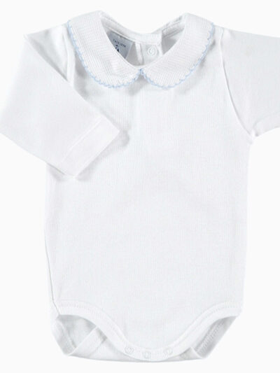 Body de bebé con cuello redondo texturizado y ribete azul – Blanco