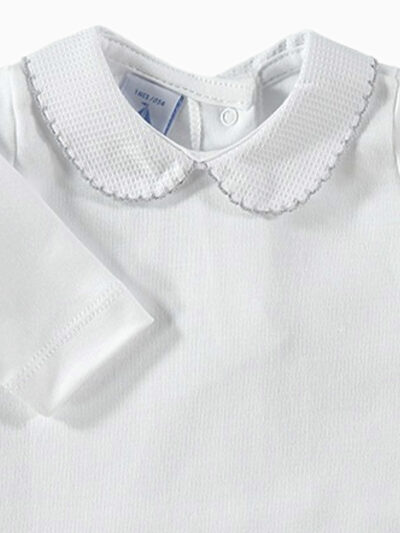 Body de bebé con cuello redondo texturizado y ribete gris – Blanco