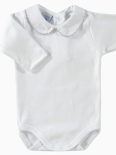 Body de bebé con cuello redondo texturizado y ribete gris – Blanco
