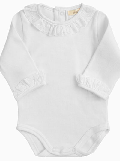 Body de bebé de manga larga con cuello bordado inglés – Blanco