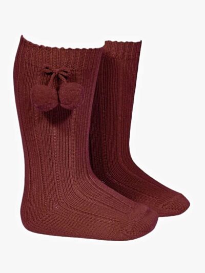 Chaussettes bébé hautes à pompons en coton chaud – Bordeaux