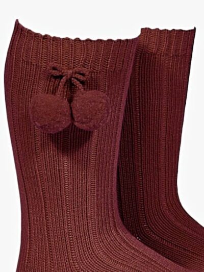 Chaussettes bébé hautes à pompons en coton chaud – Bordeaux