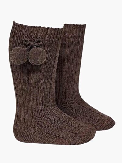 Chaussettes bébé hautes à pompons en coton chaud – Marron