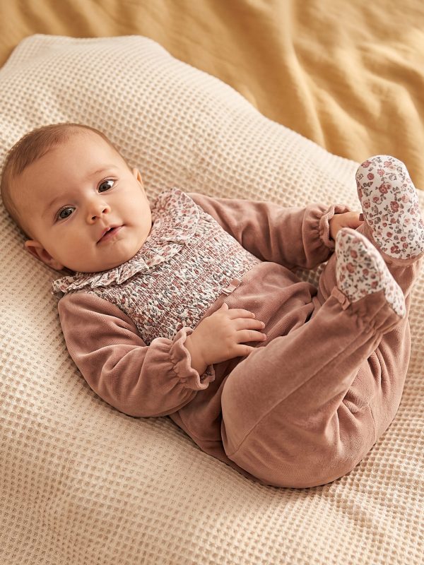 Baby Girl's Peach Velvet Smocked Sleepsuit with Collar