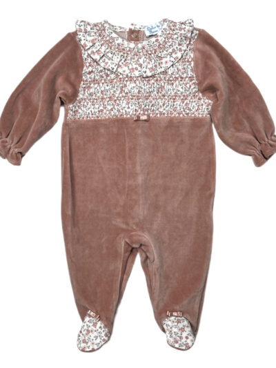 Pyjama bébé fille en velours à smocks et collerette – Pêche