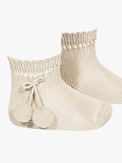 Chaussettes bébé courtes à pompons – Beige