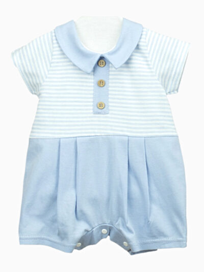 Pelele corto de recién nacido para niño con cuello – Azul celeste/blanco