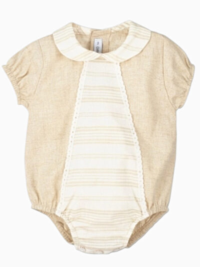 Barboteuse bébé en coton et lin à col rond – Beige