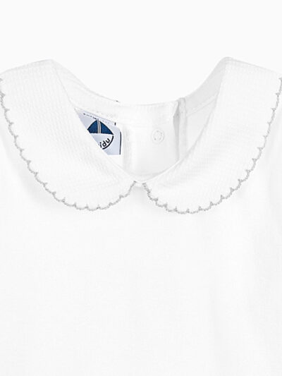 Body de bebé de manga corta con cuello redondo texturizado y ribete gris – Blanco