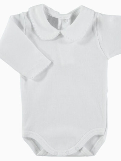 Body de bebé de manga larga con cuello redondo y ribete blanco – Blanco
