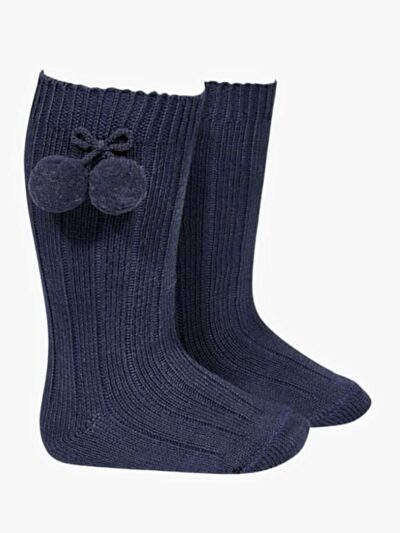 Chaussettes bébé hautes à pompons en coton chaud – Bleu marine