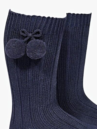 Chaussettes bébé hautes à pompons en coton chaud – Bleu marine