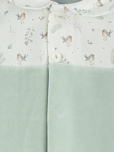 Pyjama bébé en velours motifs oiseaux – Vert pâle