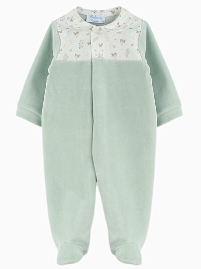 Pyjama bébé en velours motifs oiseaux – Vert pâle