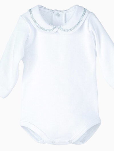 Body de bebé de manga larga con cuello redondo bordado gris – Blanco