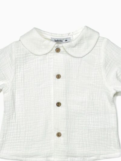 Chemise bébé garçon à col rond en gaze de coton – Blanc