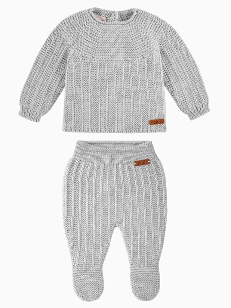 Grey knitted merino wool baby set consisting of a sweater and footed pants