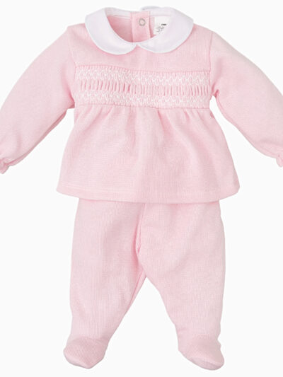 Pyjama bébé fille à smocks et col rond – Rose