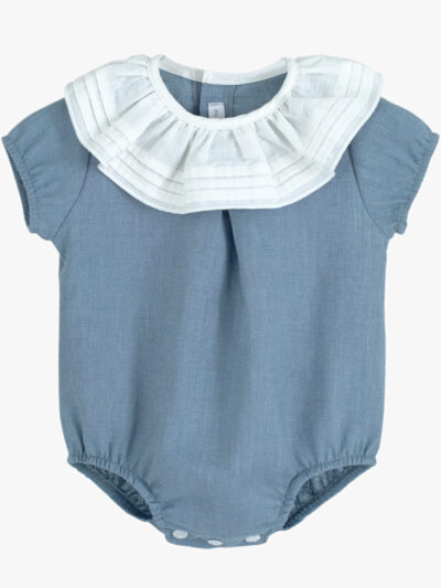 Barboteuse bébé fille en coton et lin – Bleu