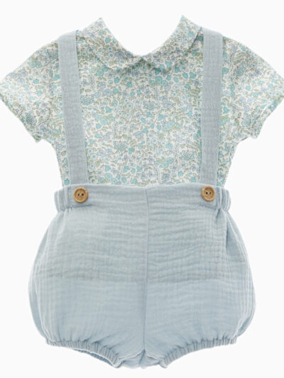 Ensemble bloomer à bretelles et blouse à fleurs – Bleu pâle