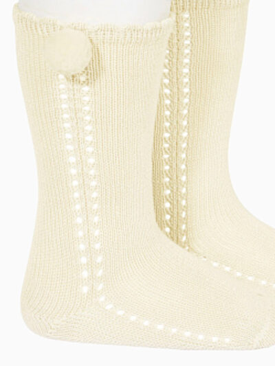 Chaussettes hautes bébé ajourées à pompon – Ecru