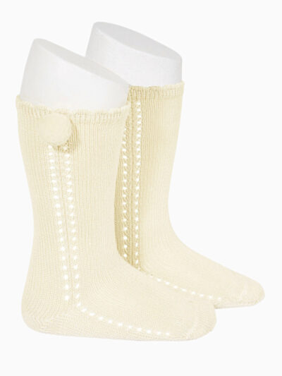 Chaussettes hautes bébé ajourées à pompon – Ecru
