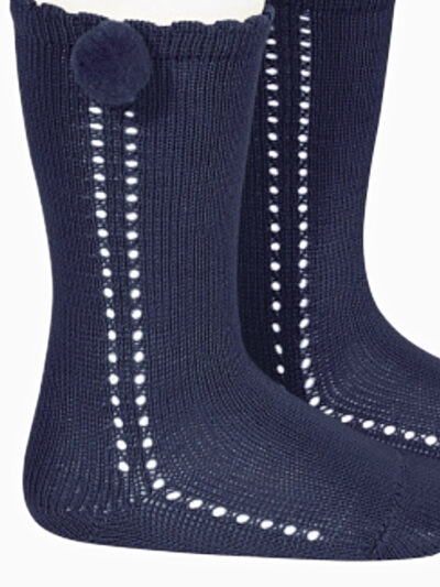 Chaussettes hautes bébé ajourées à pompon – Bleu marine
