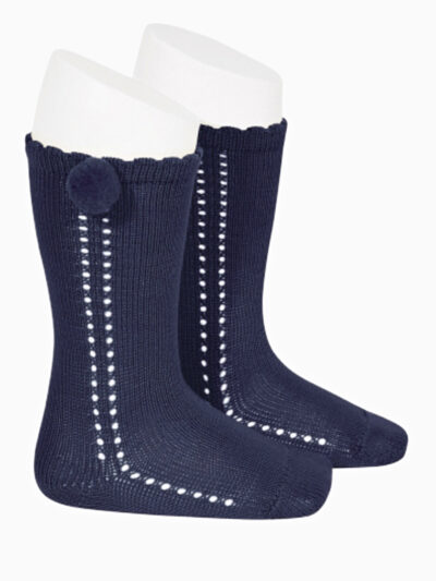 Chaussettes hautes bébé ajourées à pompon – Bleu marine