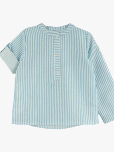 Chemise garçon à col mao rayée – Bleu ciel/blanc