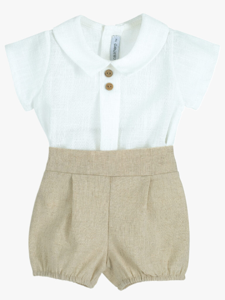 Baby Boy Shirt and Bloomer Set Beige Cotton and Linen