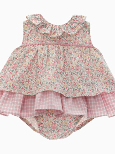 Conjunto bebé blusa efecto vestido y braga con flores – Rosa
