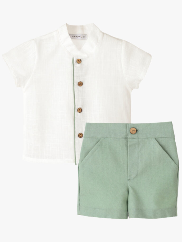 Boy's White Short-Sleeved Mandarin Collar Cotton Shirt and Plain Green Shorts Set, Shorts Detail