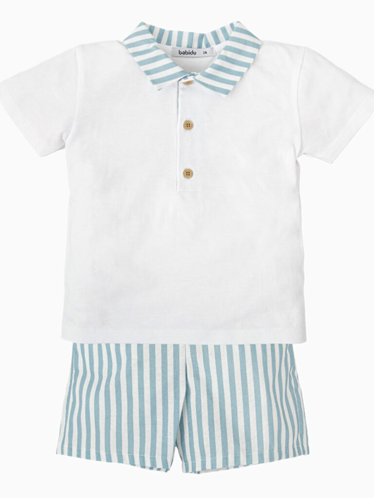 Conjunto de polo y pantalón corto a rayas azul cielo y blanco para niño