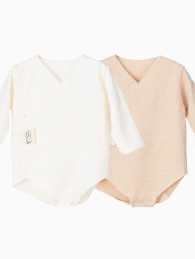 Lot de 2 bodies de naissance croisés – Coton bio extra-doux – Crème/sable