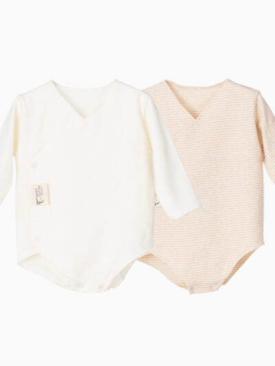 Lot de 2 bodies de naissance croisés – Coton bio extra-doux – Crème/sable rayé