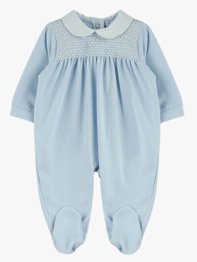 Pyjama bébé à smocks et col rond – Bleu ciel