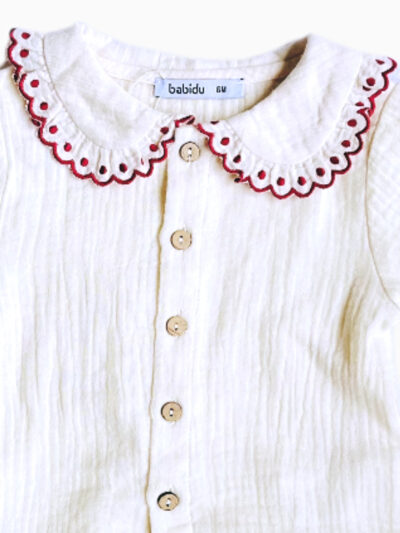 Chemise bébé fille à col et liseré rouge fantaisie – Ecru