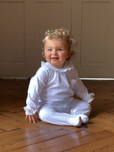 Pyjama bébé mixte en velours à pompons – Blanc