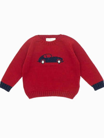 Pull garçon à motif de voiture – Rouge