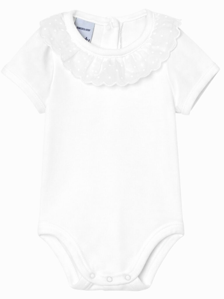 Body neonata bianco con colletto a rouche sottile a pois