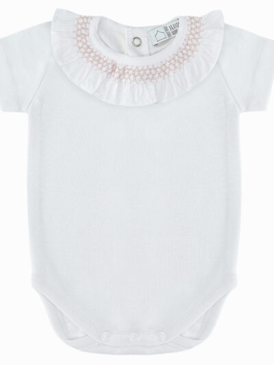 Body de bebé niña de manga corta con cuello smock: blanco