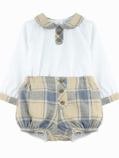 Conjunto bebé niño blusa de cuello redondo y braga – Azul/beige