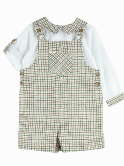 Conjunto de camisa y peto de bebé a cuadros pequeños – Verde/rojo