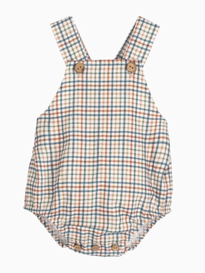 Barboteuse bébé à bretelles et carreaux – Bleu/vert