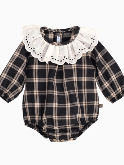 Barboteuse bébé fille carreaux et collerette brodée – Gris
